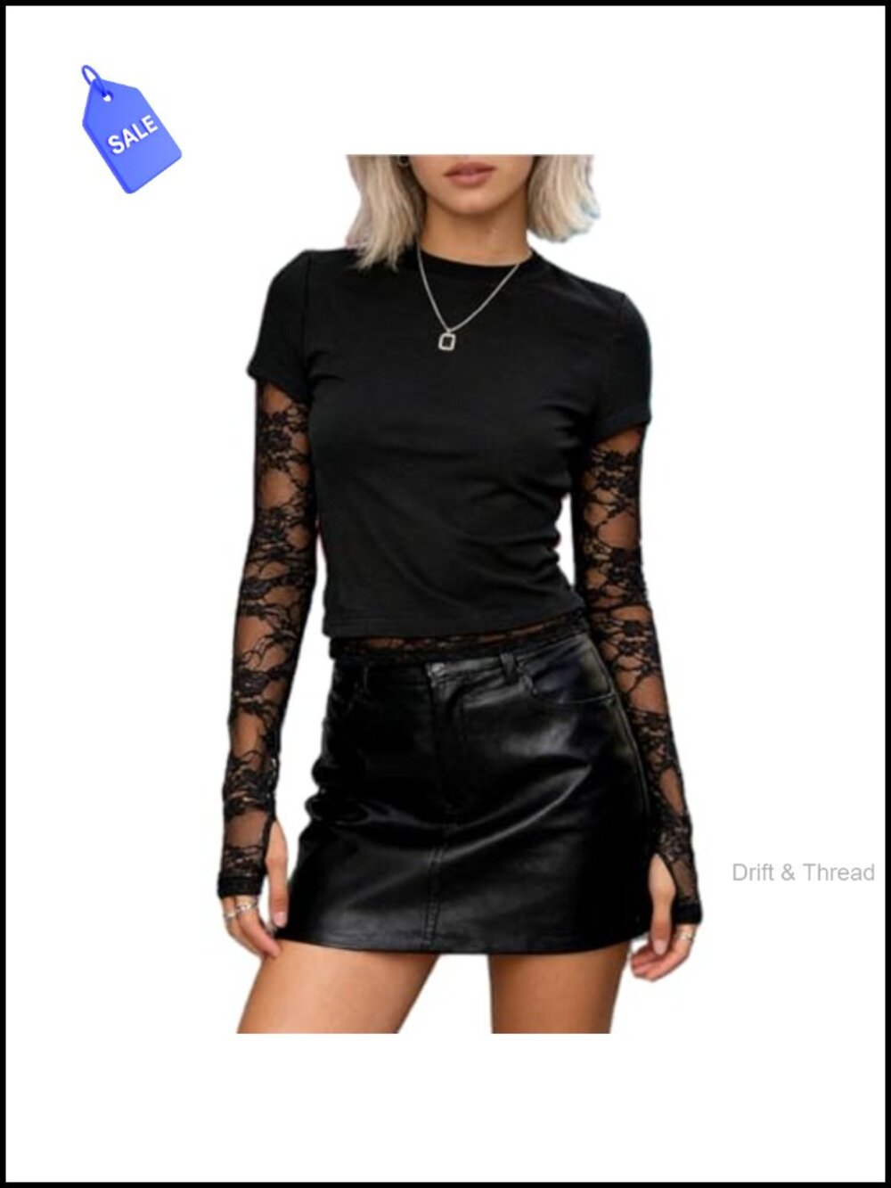 Sheer Lace Sleeve Crop Tee Layering Y2k Crewneck T-Shirt